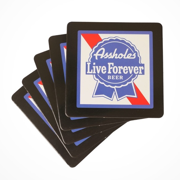 ❗️Assholes Live Forever BLUE RIBBON WHITE COASTER 5 PACK Linda Finegold - Picture 1 of 3